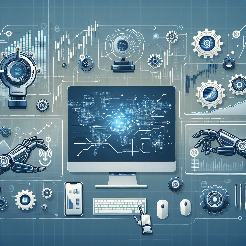 A modern, clean illustration depicting various automation techniques for algo trading, featuring elements like computer screens with graphs, robotic hands interacting with financial data, and gears symbolizing automation, all in a sleek, minimalist design.