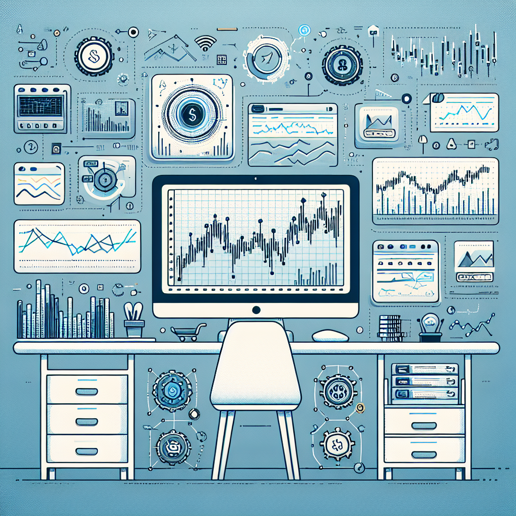 A clean modern illustration depicting various automation tools for algorithmic trading, featuring a computer with visual graphs, gears, and icons representing essential techniques, all set in a sleek, organized workspace.