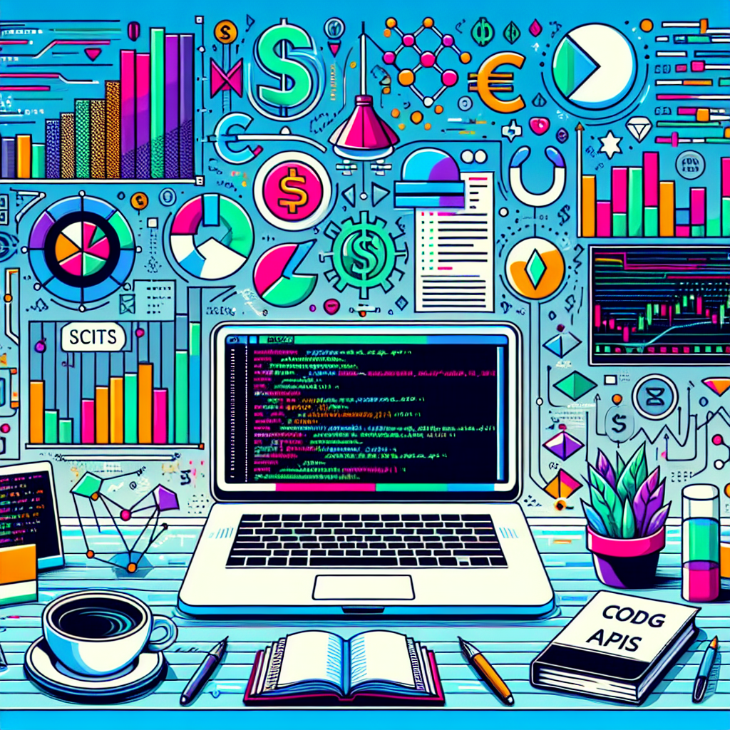 A clean modern illustration depicting a workspace with a laptop displaying coding scripts, surrounded by trading charts, currency symbols, and tools for coding trading bots like Python books and APIs, all set against a sleek, minimalistic background.