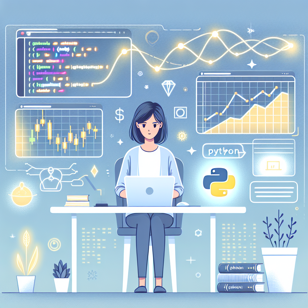 A clean and modern illustration depicting a beginner coder working on a trading bot, with lines of Python code and stock market graphs in the background. A light and approachable color palette enhances the learning atmosphere.