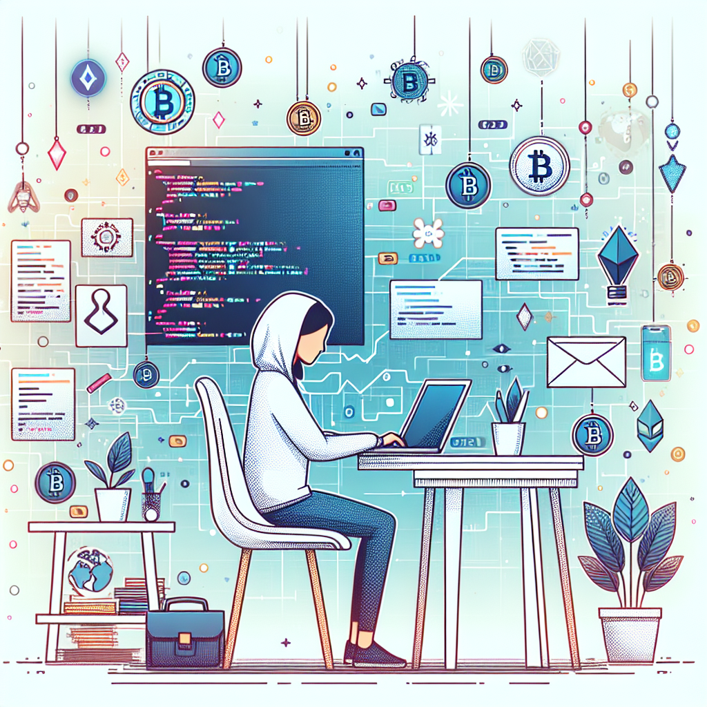 A clean, modern illustration of a beginner coding a trading bot on a laptop, surrounded by charts, code snippets, and digital currency symbols, set in a bright, minimalist workspace.