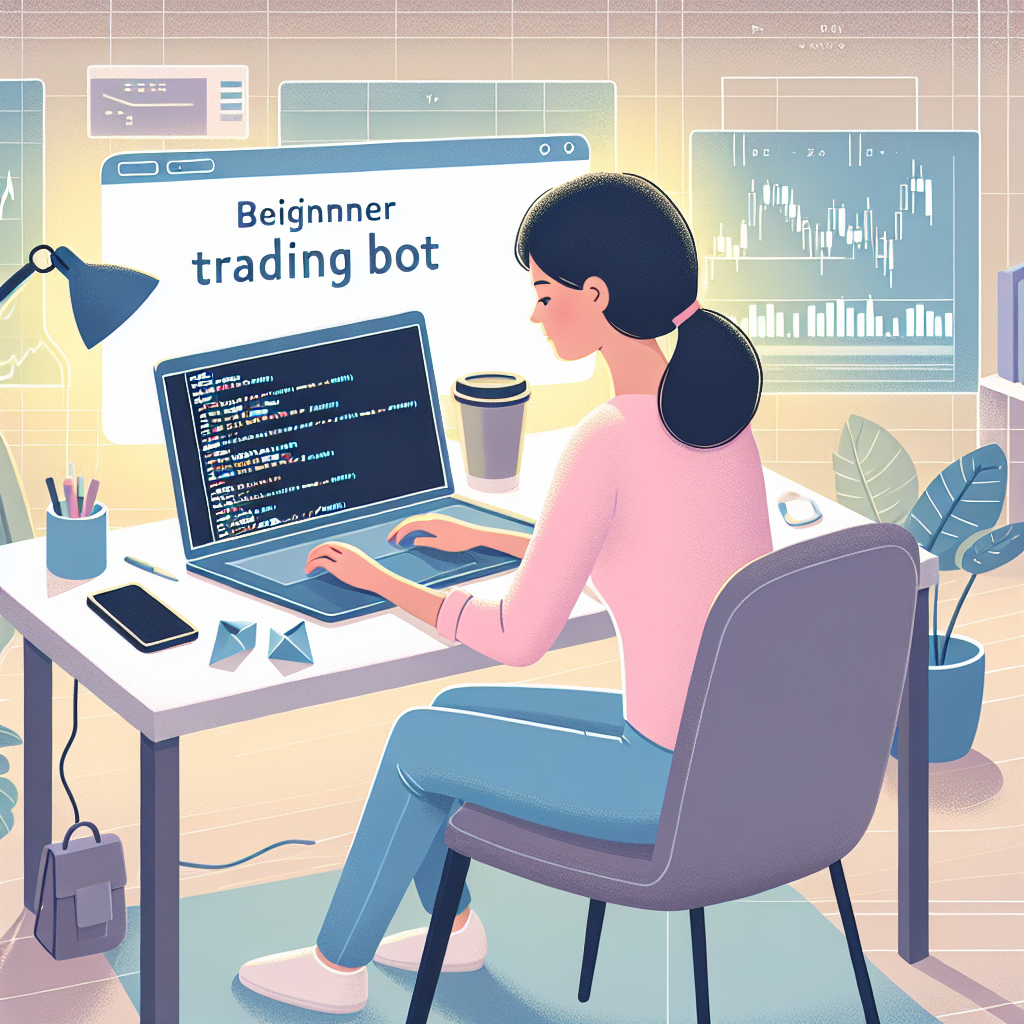 A clean, modern illustration of a beginner coder designing their first trading bot on a computer, with coding snippets, trading charts, and algorithmic symbols surrounding them in a vibrant and engaging workspace.