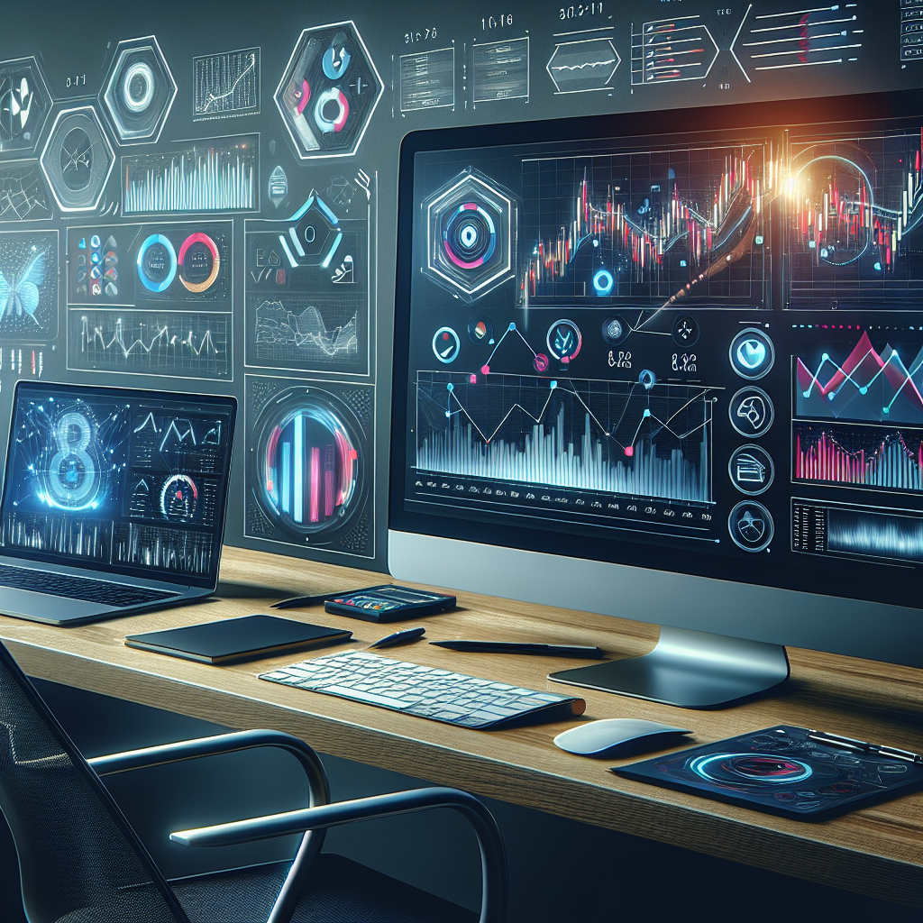 A modern and sleek illustration depicting a digital trading environment focused on backtesting algorithms, featuring graphs, charts, and computer screens with trading data, surrounded by symbolic metrics like accuracy, risk ratio, and performance indicators.