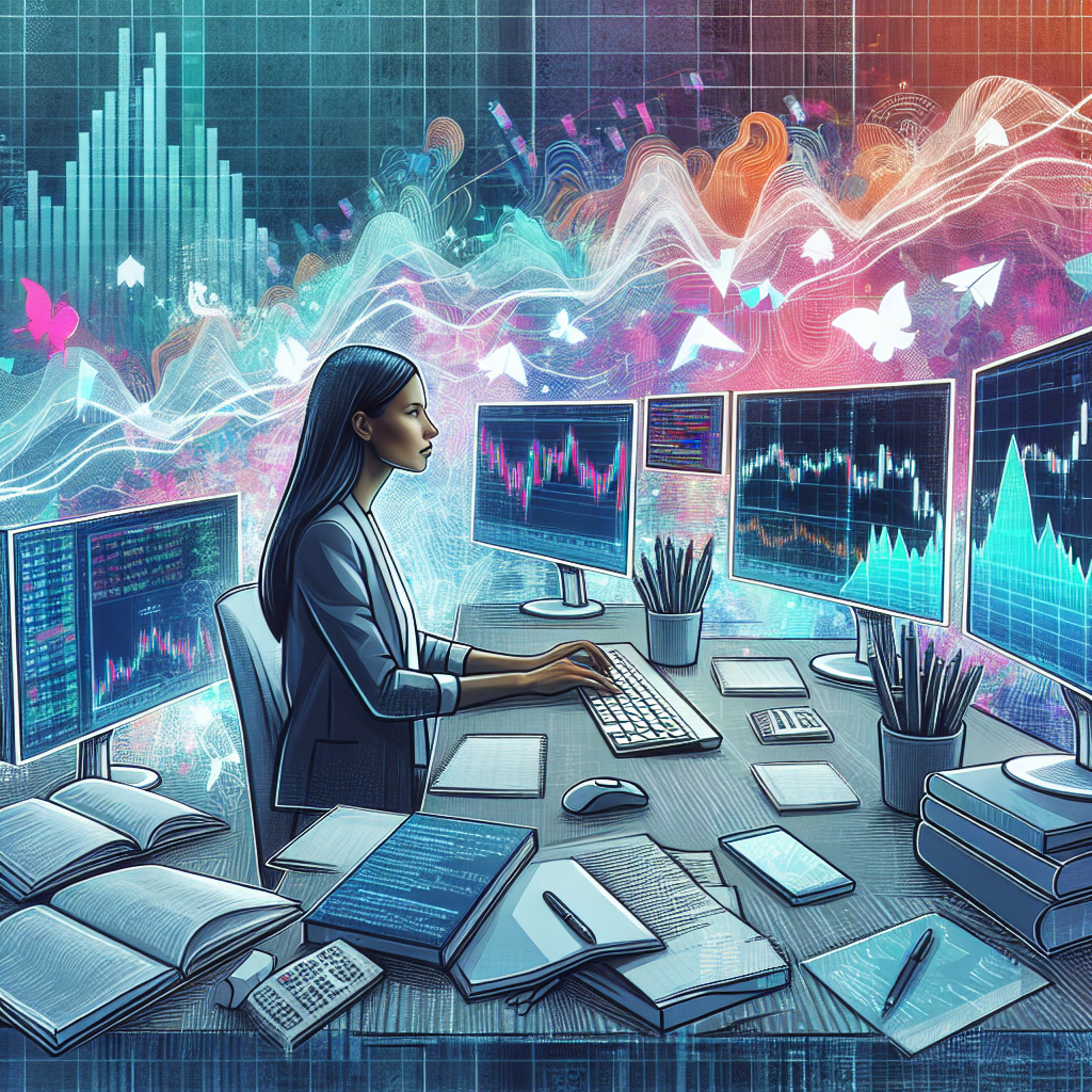 A clean, modern illustration depicting a beginner's journey in optimizing an algorithmic trading strategy. The scene features a diverse individual sitting at a sleek desk with multiple screens, graphs, and code snippets visible on the screens, alongside trading books and a notepad with handwritten notes. The background includes bright, abstract shapes symbolizing data flow and market trends.