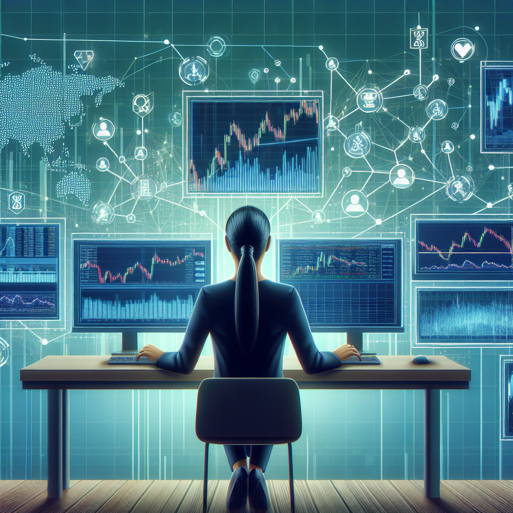 A modern and clean illustration depicting a trader analyzing data and charts on multiple screens, with machine learning algorithms visualized as interconnected nodes and networks, surrounded by elements representing financial markets such as stocks, currencies, and analytics.