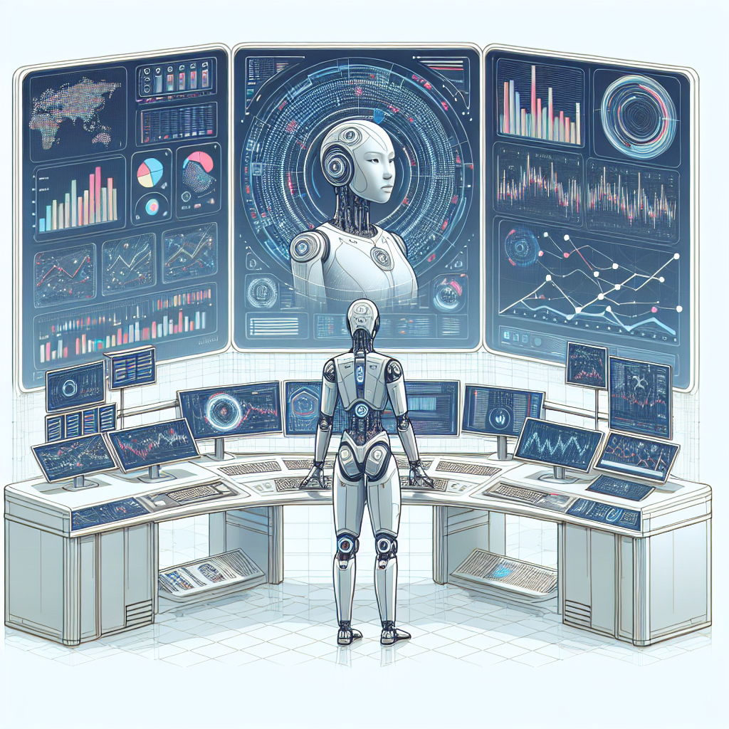 A clean modern illustration depicting a futuristic trading desk with screens displaying graphs and data, a robot analyzing trading strategies, and elements representing machine learning, such as neural networks and algorithms.