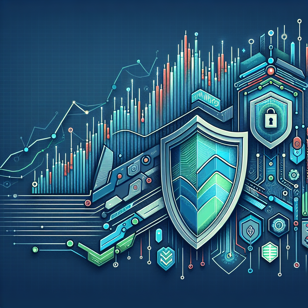 A clean and modern illustration showcasing the concepts of risk mitigation in algorithmic trading, featuring visual elements like a stock market chart, a digital algorithm code, and protective symbols such as shields and check marks.