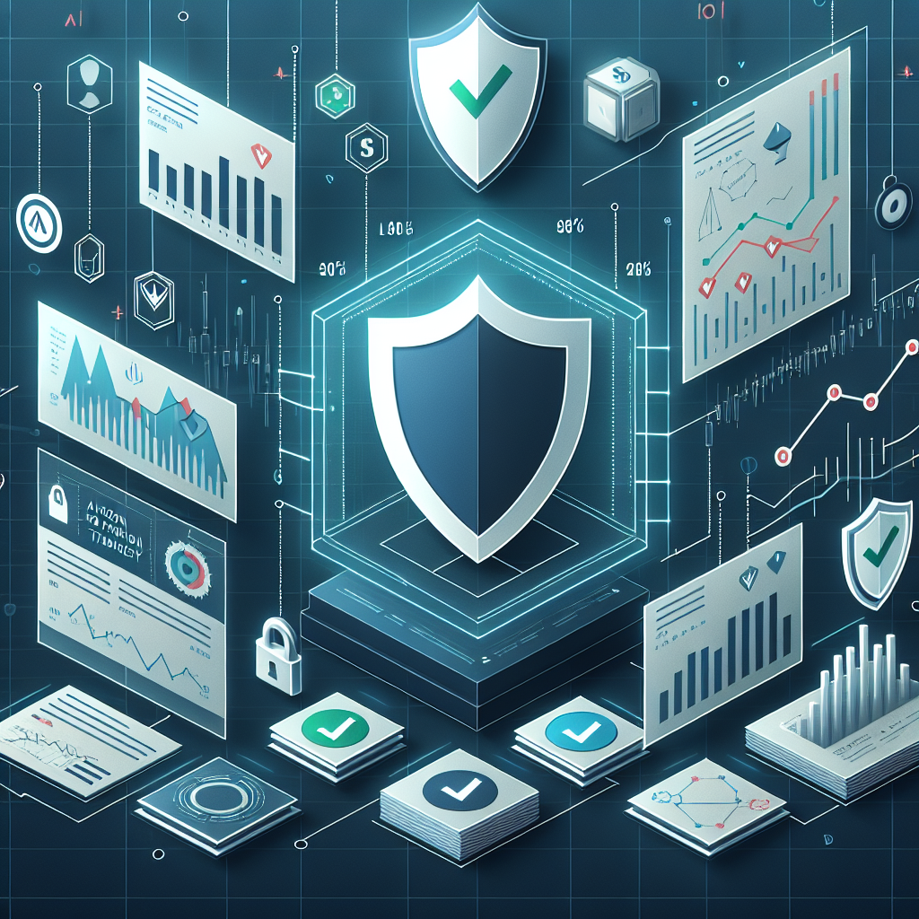 A clean modern illustration depicting financial graphs and charts with elements symbolizing risk mitigation strategies in algorithmic trading, such as shields, checkmarks, and protective barriers, set against a digital trading backdrop.