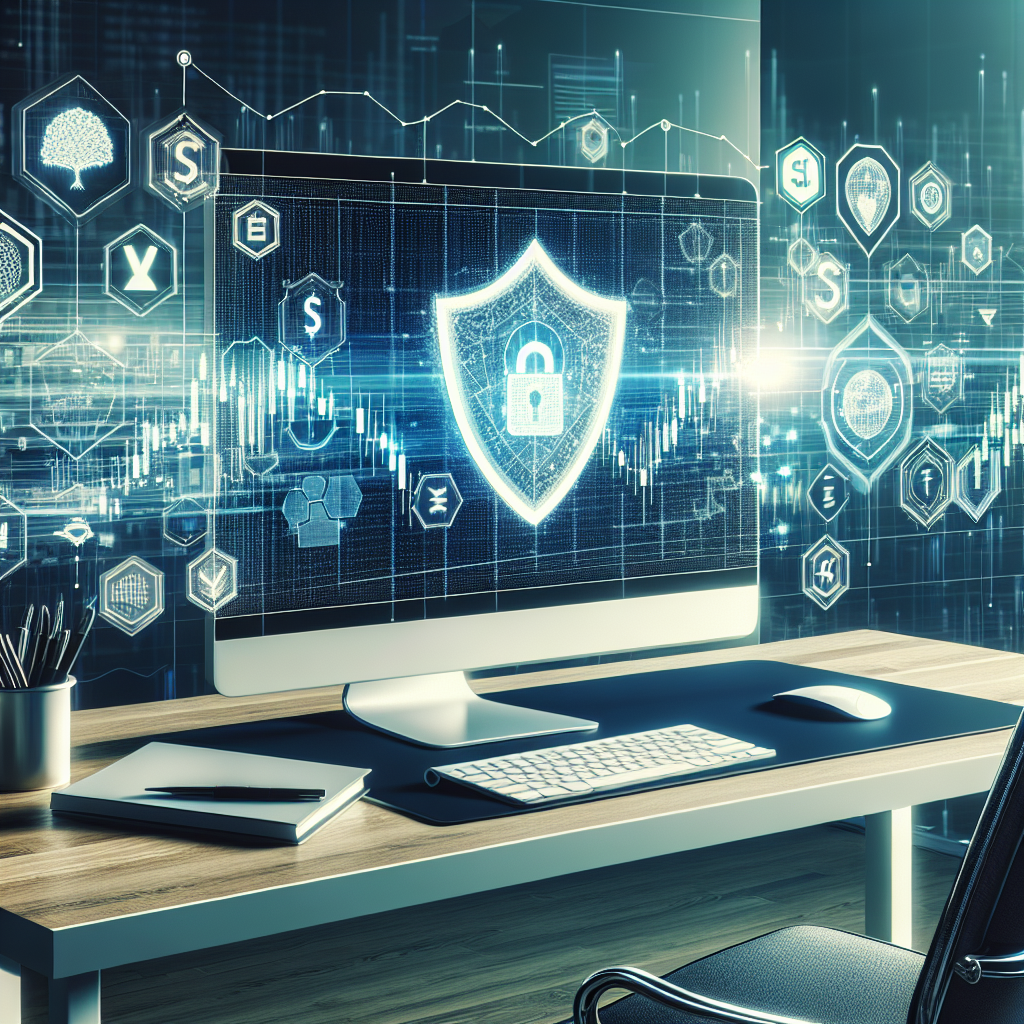 A clean modern illustration depicting various risk mitigation strategies in algorithmic trading, featuring visual elements like a computer screen with trading graphs, a shield symbolizing protection, and diverse financial icons such as currency and stock charts.