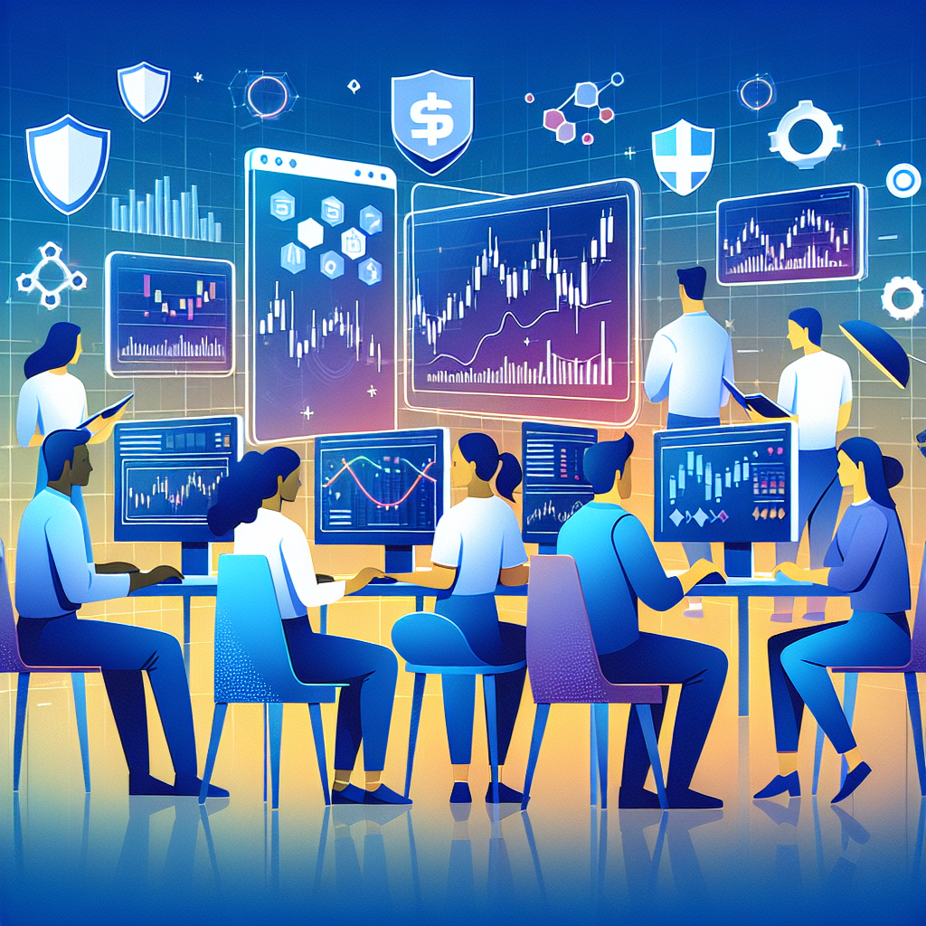 A clean modern illustration depicting a vibrant digital trading environment. The scene features a diverse group of traders analyzing charts on sleek screens, surrounded by floating icons representing risk mitigation tools like shields, graphs, and algorithms. The overall color palette is bright and professional, emphasizing a sense of strategy and innovation in algorithmic trading.